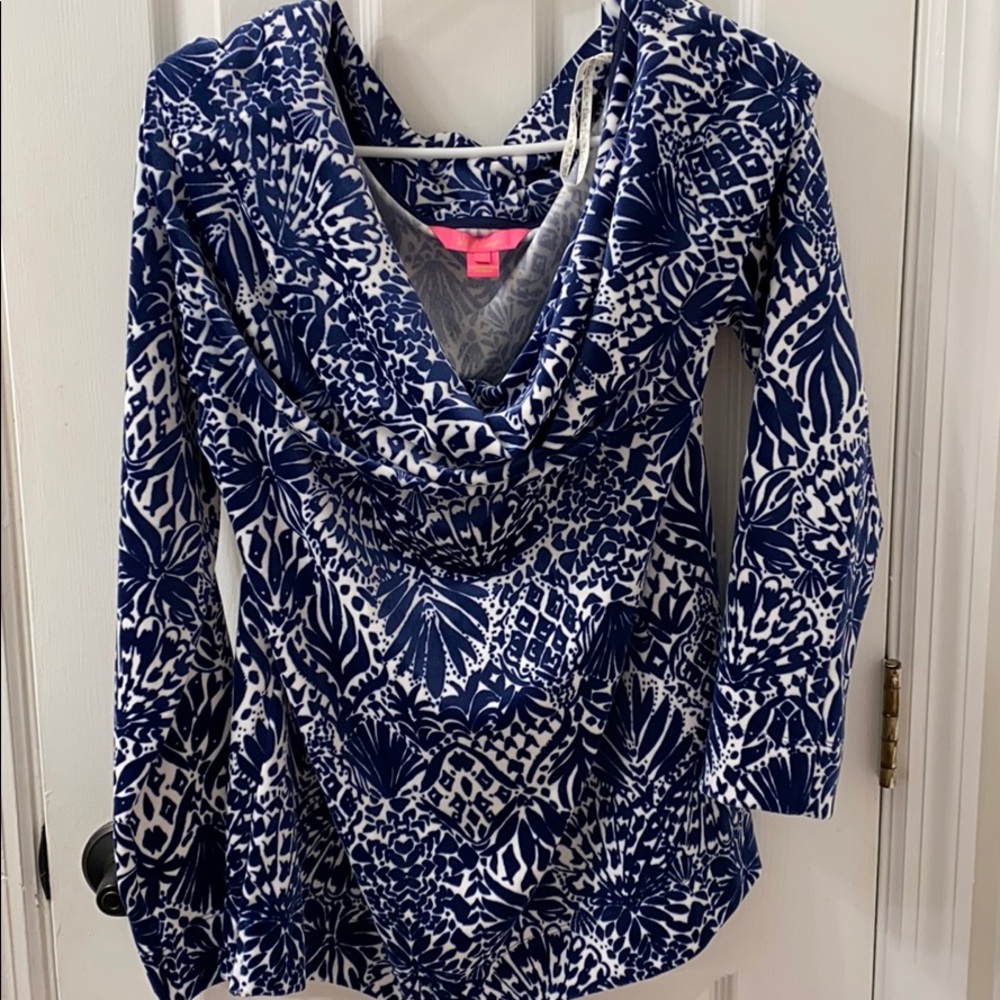 Lilly Pulitzer Velour! Blue and White Cowl Neck Top